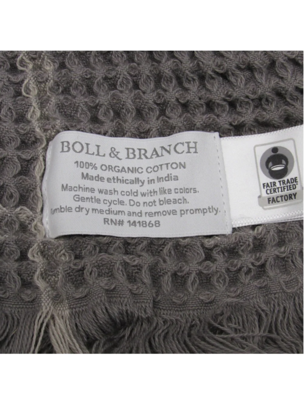 Boll & Branch 100% Organic Cotton Waffle Knit Throw Blanket Grey Fringe 50x70